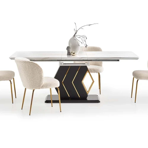 Prailginamas stalas, 160-200 cm, juodos kojos ir marmuro viršus