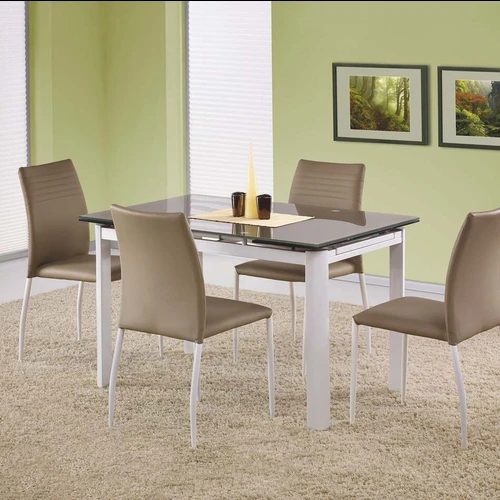 Šiuolaikiškas stiklo stalas su baltu plieniniu rėmu