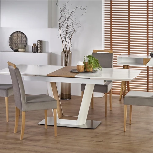 Modernus prailginamas stalas su lakuotu MDF ir nerūdijančiu plienu