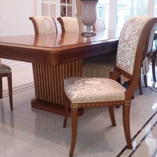 Rankų darbo riešutmedžio stalas su prabangomis kėdėmis