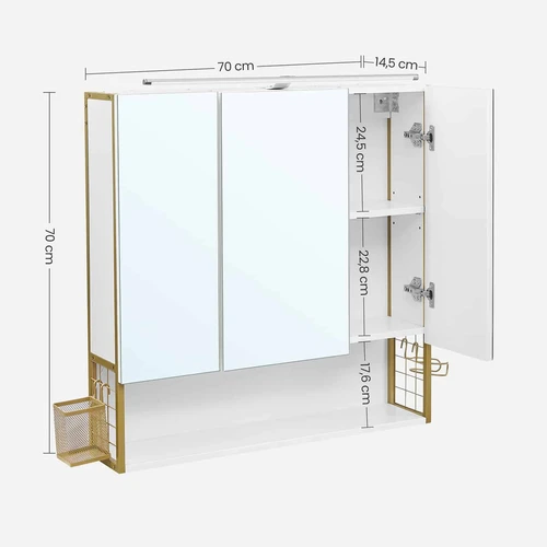 Baltas auksas vonios spintelė su stiklu ir plienu