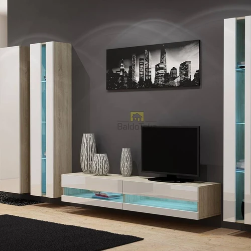 Moderni spintelė su šviesiu ąžuolo korpusu ir blizgiais fasadais