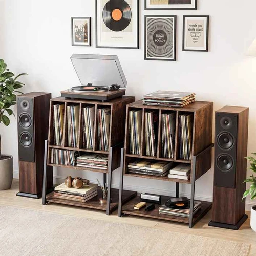 Vinilo plokštelių spintelė, 4 skyriai, Ruda, 54 × 76,5 × 57 cm