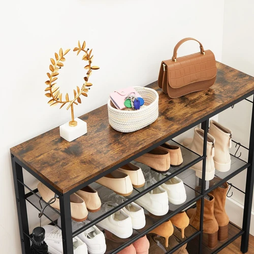 Vintažinė ruda-juoda batų lentyna iš medžio drožlių plokštės ir plieno