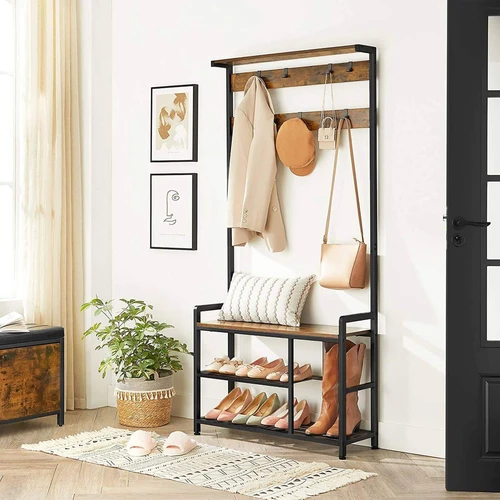 Drabužių stovas su grotelių lentyna ir sėdyne