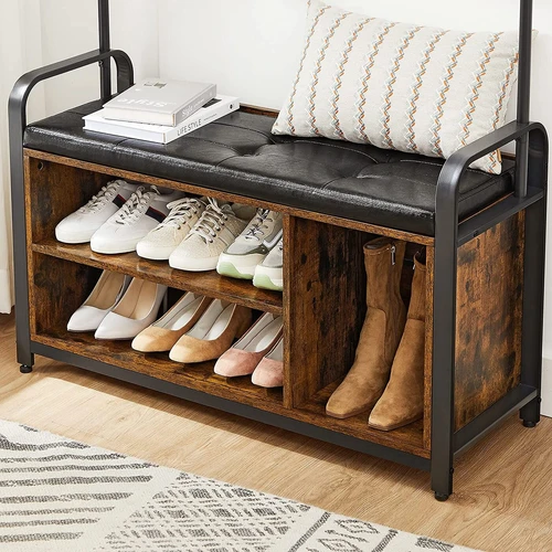 Vintažinis ruda-juodas palto stovas su lentynomis