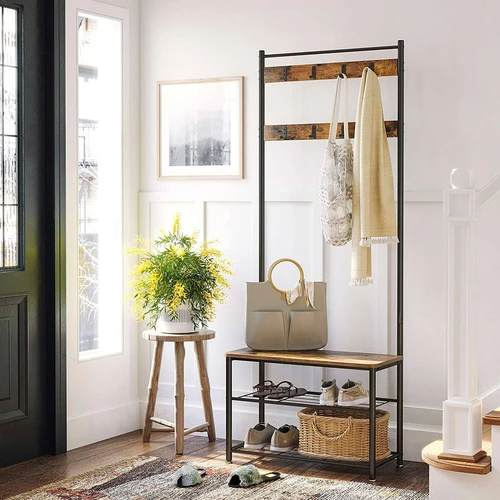 Tvirtas plieninis palto stovas su lentynomis