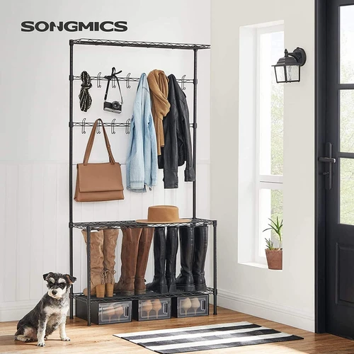 Juoda plieninė drabužių kabykla su stabiliais kabliukais