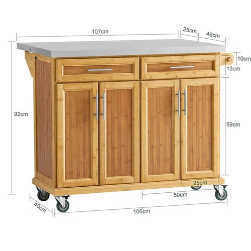 Virtuvės sala ant ratukų 107x92x71cm., šviesiai rudos/sidabrinės spalvos - Virtuvės spintelės