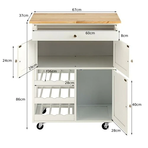 Virtuvės sala ant ratukų 67x37x86cm., baltos/šviesiai rudos spalvos