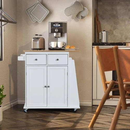 Virtuvės sala ant ratukų 88x45x89,5cm., baltos/šviesiai rudos spalvos - Virtuvės spintelės