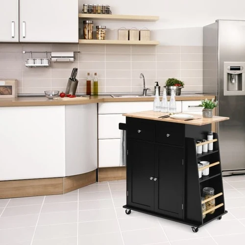 Virtuvės sala ant ratukų 88x45x89,5cm., juodos/šviesiai rudos spalvos - Virtuvės spintelės