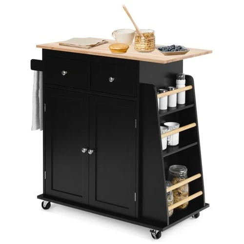 Virtuvės sala ant ratukų 88x45x89,5cm., juodos/šviesiai rudos spalvos - Virtuvės spintelės