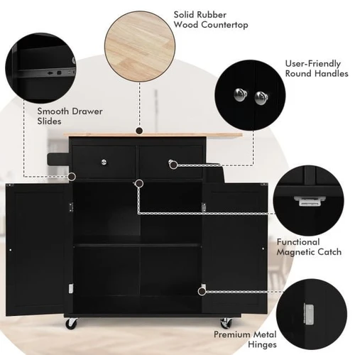 Virtuvės sala ant ratukų 88x45x89,5cm., juodos/šviesiai rudos spalvos - Virtuvės spintelės