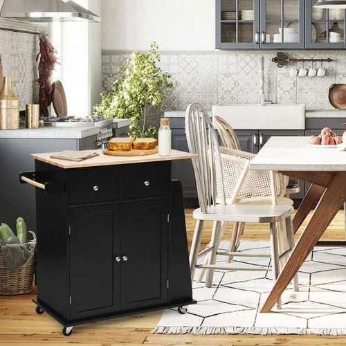 Virtuvės sala ant ratukų 88x45x89,5cm., juodos/šviesiai rudos spalvos - Virtuvės spintelės