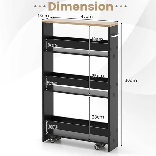 Virtuvės vežimėlis 47,5x13x80,5 cm – juodas/rudasKompaktiškas virtuvės vežimėlis su 4 lentynomisVirtuvės vežimėlis su ratukais ir rankena – juodasD