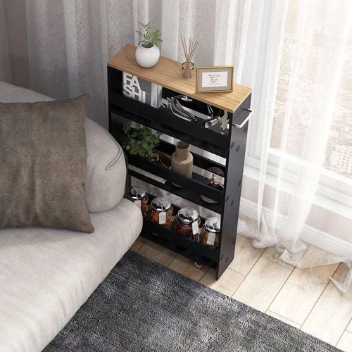 Virtuvės vežimėlis 47,5x13x80,5 cm – juodas/rudasKompaktiškas virtuvės vežimėlis su 4 lentynomisVirtuvės vežimėlis su ratukais ir rankena – juodasD