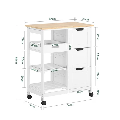 Virtuvinė spinta ant ratų 67x37x84cm., baltos/šviesiai rudos spalvos - Virtuvės spintelės