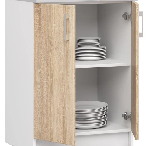 Moderni virtuvės spintelė su baltu ir sonomos ąžuolo deriniu