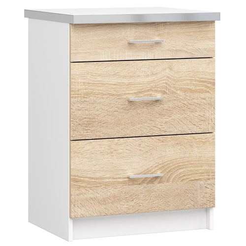 Virtuvinė spintelė NORE Lima S60 su 3-iais stalčiais, baltos/ąžuolo spalvos