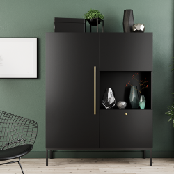 Juodos vitrinos su auksinėmis rankenomis arba ąžuolo priekiu