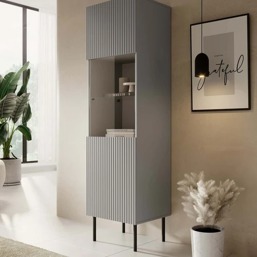 Vitrina su metalinėmis kojomis ir šviesiai pilku karkasu