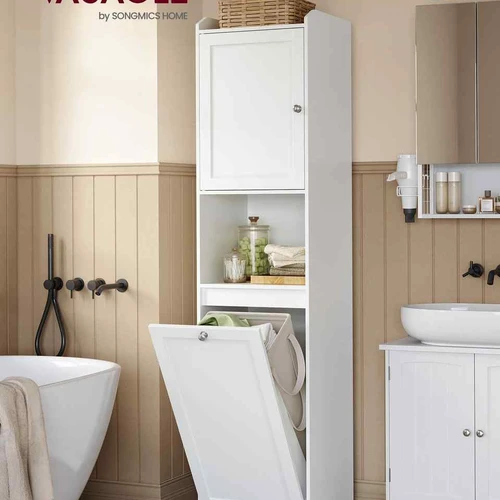 MDF vonios spintelė su skalbinių krepšeliu
