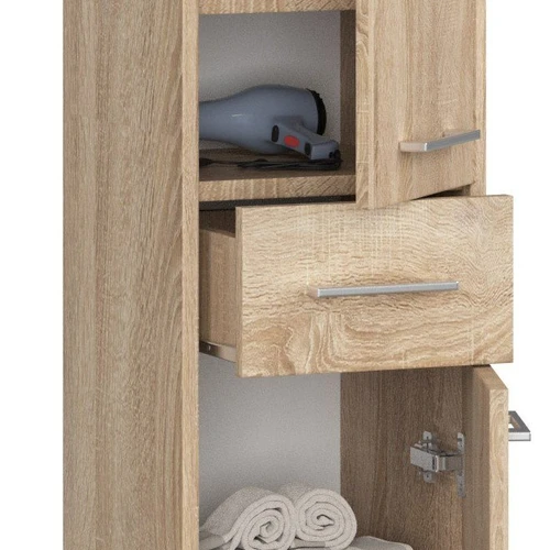 Ąžuolo spalvos vonios lentyna su stulpeliu ir stalčiumi