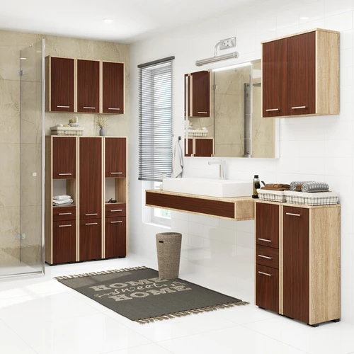 Moderni vonios lentyna su sidabrinėmis rankenomis ir dviem lentynomis