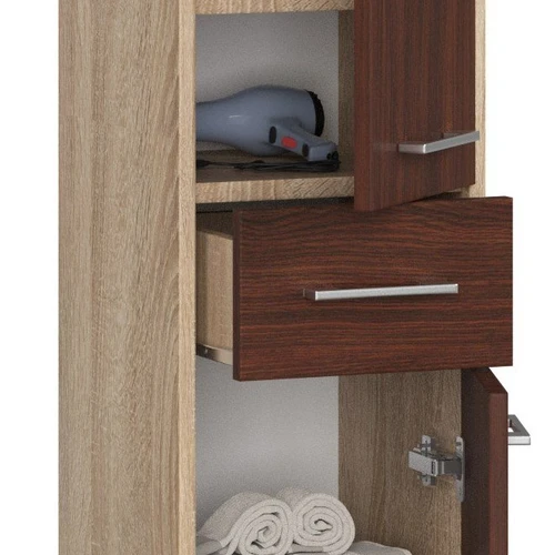 Elegantiška vonios spintelė su sonomu ir tamsiai rudu deriniu