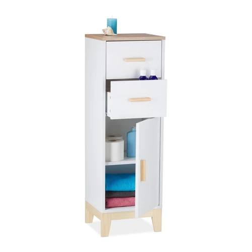 Vonios spintelė Relaxdays, 2 stalčiai, Balta/ruda, 32 × 97,5 × 28 cm - Vonios spintelės