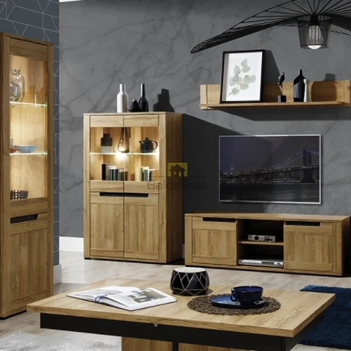 YORK ąžuolo spinta su grūdintu stiklu ir elegantišku dizainu