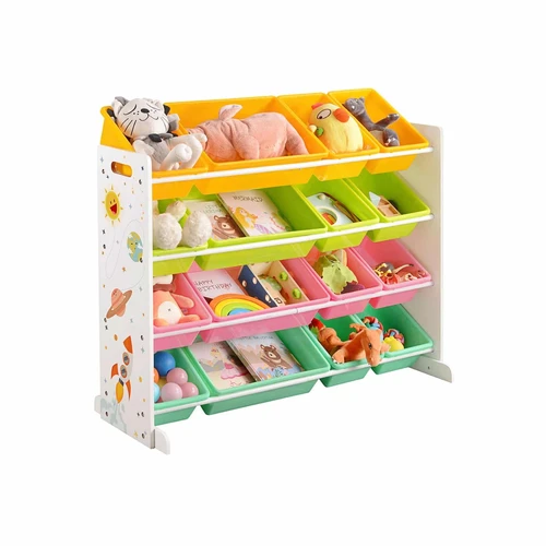 Patogi žaislų lentyna su 4 spalvų ir 2 dydžių dėžėmis
