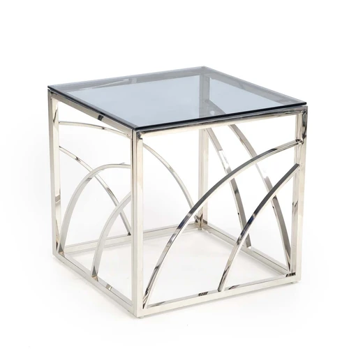 Elegantiškas stiklo stalas su nerūdijančiu plienu, rūkytas/sidabras