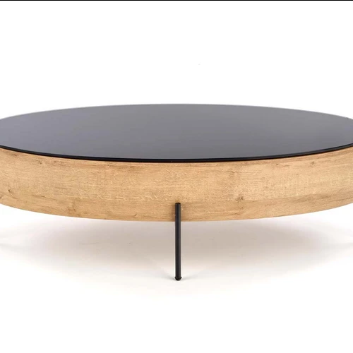 Stiklinis stalas su laminuotu MDF ir plieno apvadu, auksinis ąžuolas/juoda