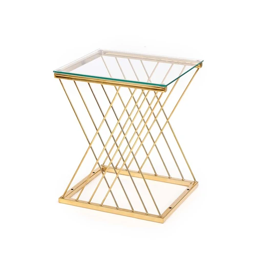 Modernus aukso stalelis su stiklo viršūne ir chromo karkasu