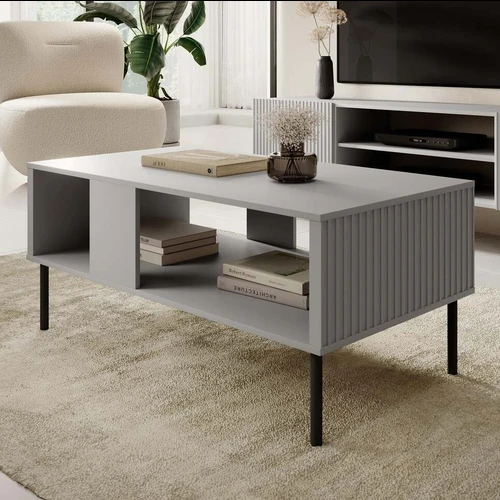 Elegantiškas kavos staliukas šviesiai pilku karkasu ir juodomis kojomis