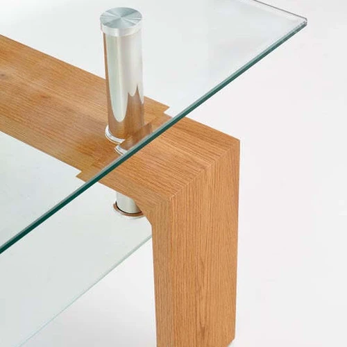 Stiklinis stalas su auksinio ąžuolo laminuotu MDF