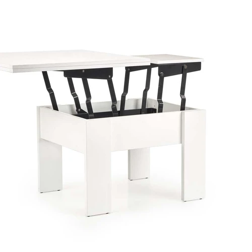 Elegantiškas balto kavos staliukas su pakeliamu stalčiumi