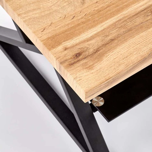 Kokybiškas stalas iš MDF, stiklo ir plieno, 110/60/45 cm, natūralus ąžuolas ir juoda spalva